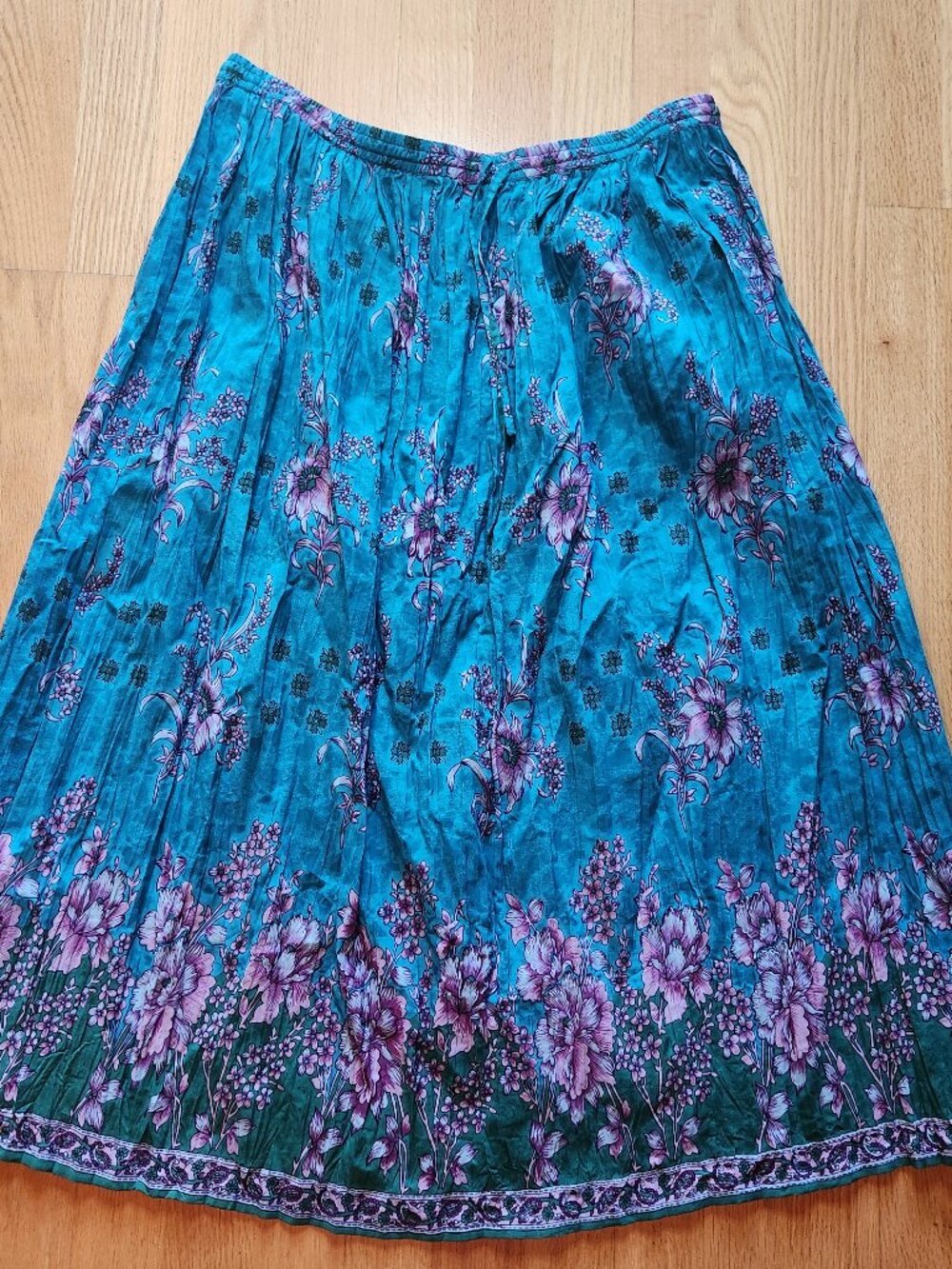 Women's Floral Turquoise Maxi Skirt Purple Green SZ L Cottagecore Boho Cotton